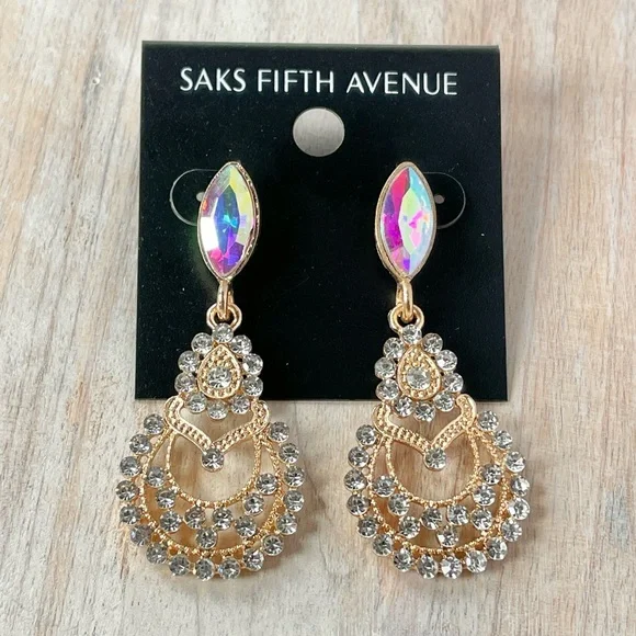 Saks Fifth Avenue Gold tone Boho Aurora Borealis Rhinestone Pierced Earrings New - Picture 2 of 5